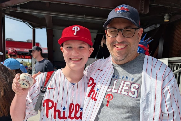 Josh Kirsch (left) and his father Matt at Citizens Bank Park on April 20, 2025 after Josh caught a home run by Marlins third baseman Javier Sanoja.