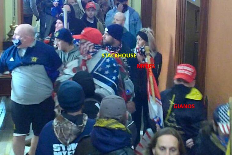 Rachel Myers, labeled, enters House Speaker Nancy Pelosi's office suite along with Lawrence Earl Stackhouse III and Michael Gianos, also labeled, during the Jan. 6 Capitol riot.