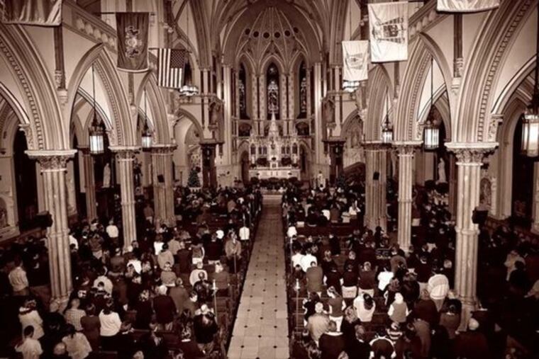 Image of St. John the Baptist Church in Manayunk by Bruce Kravetz, from his show at Artesano Gallery. Kravetz's panoramic photos consist of 12 to 18 shots fitted together digitally.