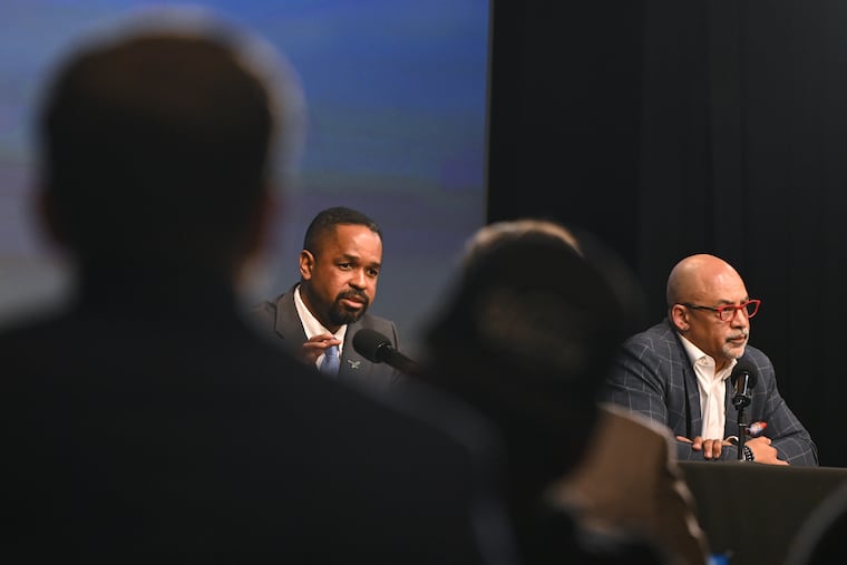 State Rep. Chris Rabb with State Sen. Sharif Street (right) at WHYY studios after their April 29 congressional debate.
