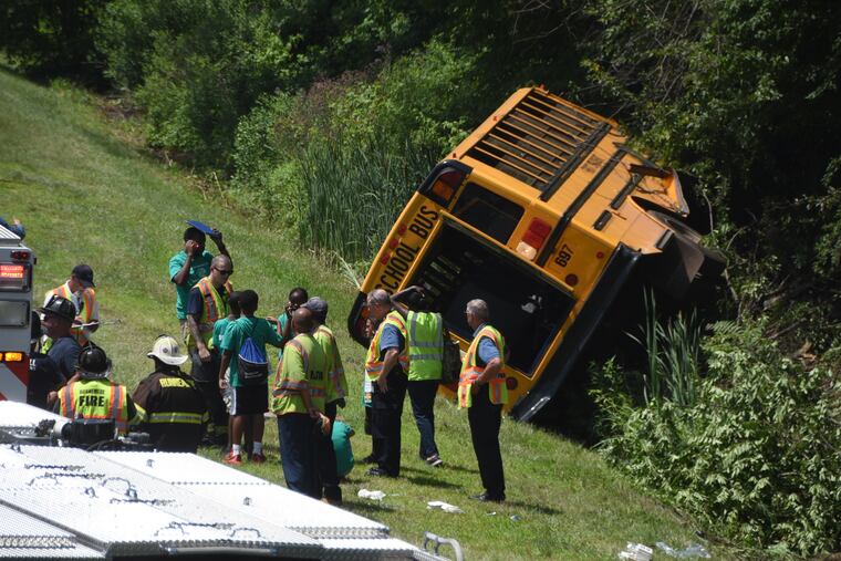 A school bus ran off the New Jersey Turnpike just south of Haddonfield-Berlin Rd. in Cherry Hill. No serious injuries were reported.