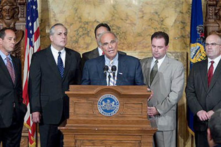 From left, Lt. Gov. Joseph B. Scarnati, Sen. Dominic F. Pileggi, Sen. Jake Corman, Gov. Ed Rendell, Rep, Keith McCall and Rep. Todd Eachus gather in the Governor's Reception room Friday. (AP Photo / The Patriot-News, John C. Whitehead)
