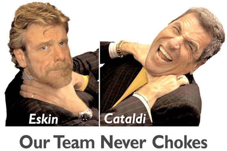 Elements from a 2006 billboard featuring Howard Eskin and Angelo Cataldi pretending to choke each other. It was a promotion for their shows on SportsTalk Radio WIP.