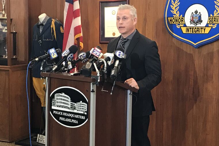 Philadelphia Police Homicide Capt. Jason Smith speaks about three homicides that occurred over the weekend, at a Monday news conference at Police Headquarters.