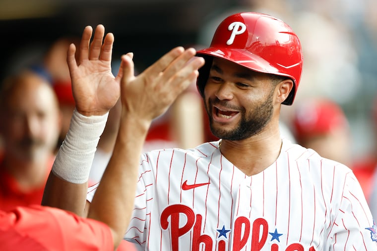 Phillies center fielder Justin Crawford celebrates his third-inning run against the Pittsburgh Pirates at Citizens Bank Park on June 29.