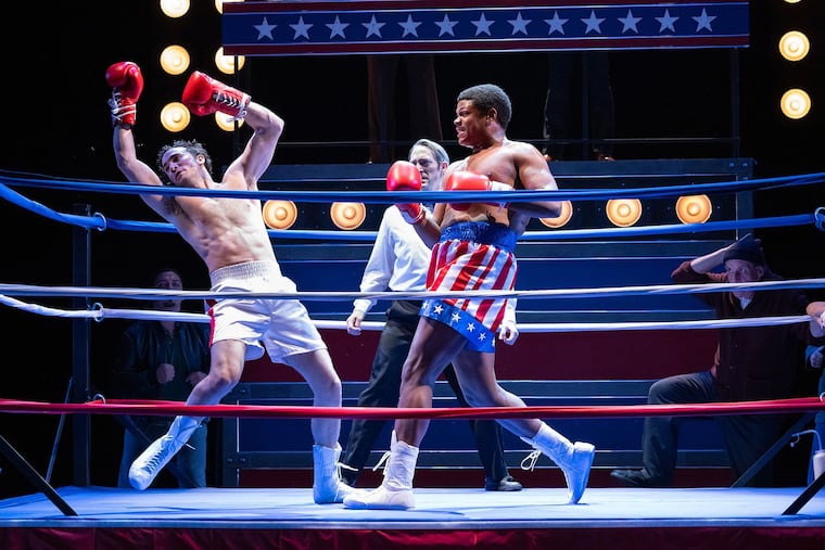 Rocky (Matthew Amira) and Apollo (Nichalas L. Parker) in Walnut Street Theatre's production of 'Rocky, the Musical'