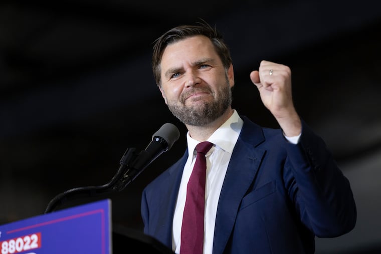 Republican vice presidential nominee Sen. JD Vance, R-Ohio, speaks during a campaign rally Saturday in Newtown, Pa.
