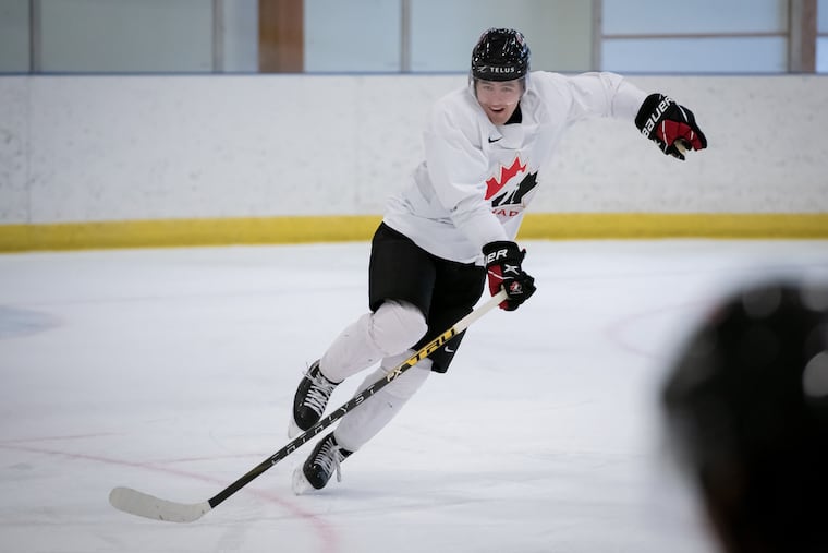 Flyers prospect Elliot Desnoyers skates with Team Canada ahead of the World Junior Championship in Alberta.