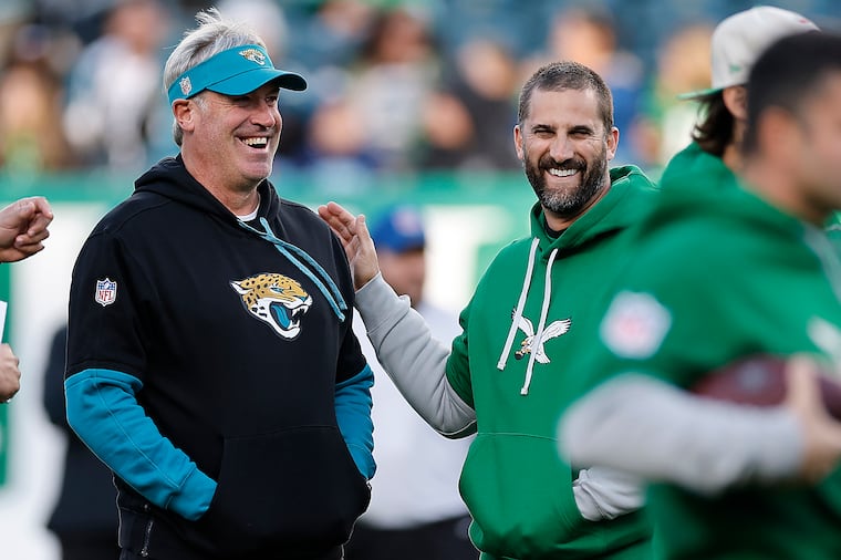 Former Eagles and Jaguars head coach Doug Pederson (left) offered his thoughts on the Eagles this week.