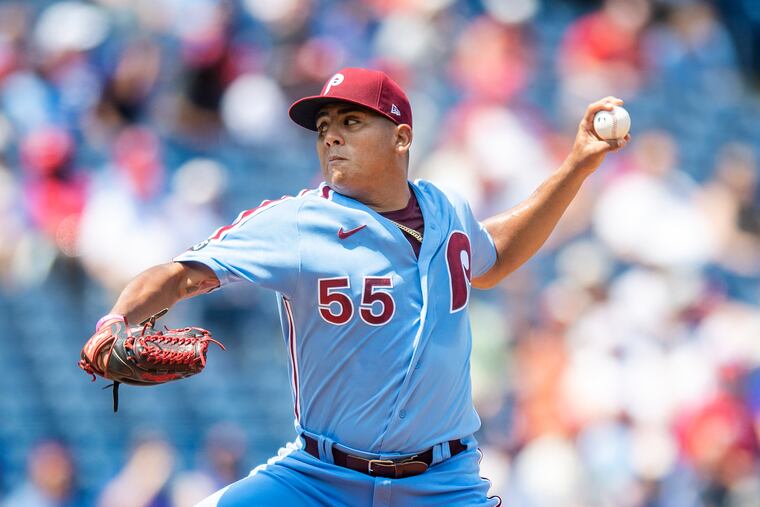 Phillies starter, Ranger Suarez pitches against the Los Angeles Dodgers during the first inning.