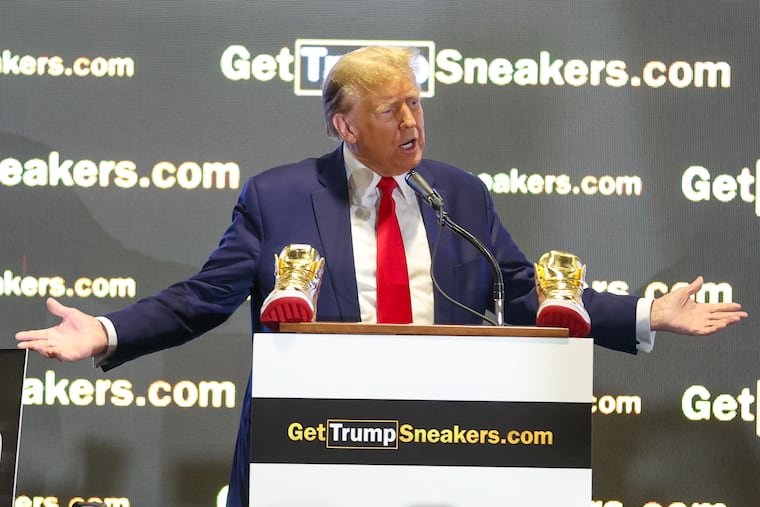 Republican presidential candidate former President Donald Trump speaks at Sneaker Con at the Philadelphia Convention Center in February.