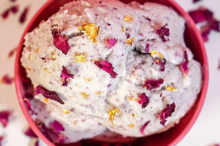 Rose Gold vegan ice cream from Vannah Banana has organic rose petals and 24k gold flakes.