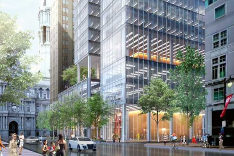 Artist's rendering of office building planned at 1301 Market St. in Philadelphia, as seen from street level.