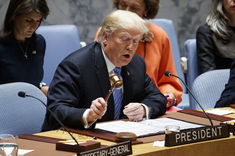 President Donald Trump participates in a United Nations Security Council briefing on counterproliferation at the United Nations General Assembly, Wednesday, Sept. 26, 2018, at U.N. Headquarters. (AP Photo/Evan Vucci)