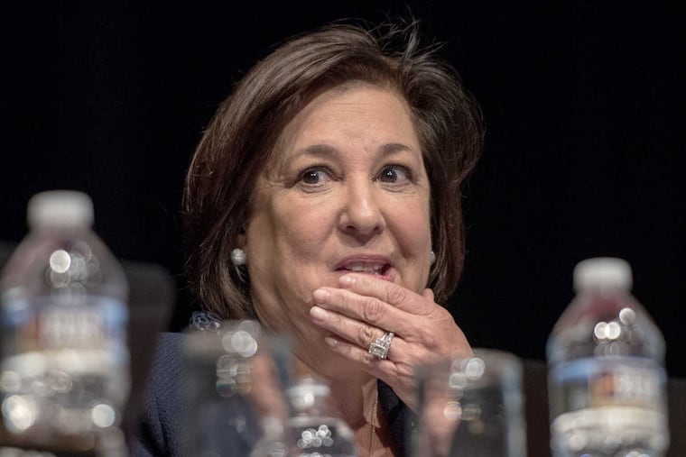 Superintendent Amy Sichel sits with the Abington school board during its meeting April 10, 2018, with residents questioning the $25 million donation from Wall Street billionaire and alum Stephen Schwarzman.