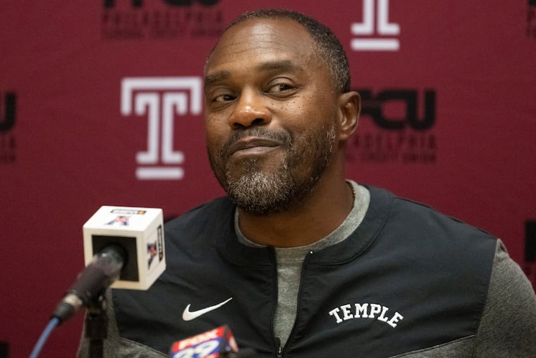 Temple football coach Stan Drayton speaks to the media on Tuesday at Edberg-Olson Hall.
