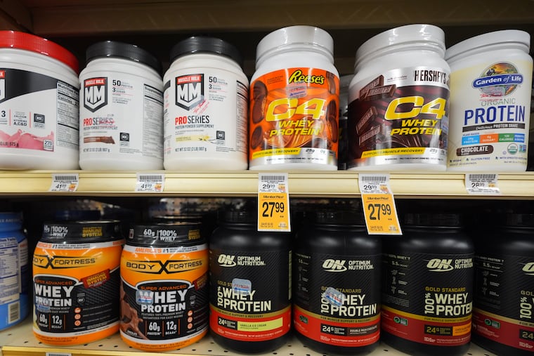 Whey protein products for sale at a grocery store in Dallas, June 10, 2026.