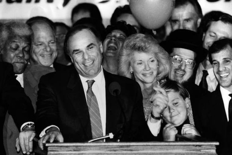 Ed Rendell with his wife, Midge, and son, Jesse, are joined by supporters as they celebrate his election as mayor of Philadelphia in 1991.