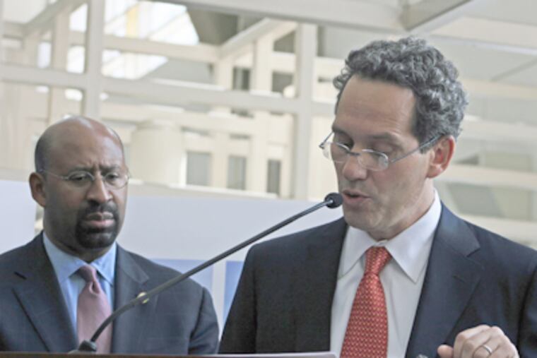 Mayor Nutter and Robert Zuritsky, president of the Parkway Corp., discuss plans for a 246-room Hilton Home2 Suites Hotel to be built at 12th and Arch Streets on land that is now a surface parking lot owned by Parkway. (Ashlee Espinal / Staff Photographer)
