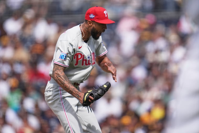 Phillies starting pitcher Cristopher Sánchez celebrates after the last out of the seventh inning against the Padres on Wednesday in San Diego.