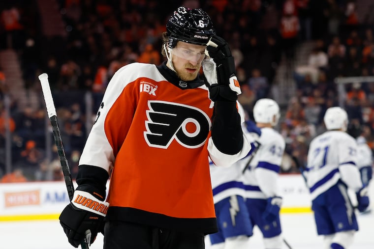 Defenseman Travis Sanheim reacts after the Tampa Bay Lightning scored their seventh goal Saturday in a 7-2 rout of the Flyers.