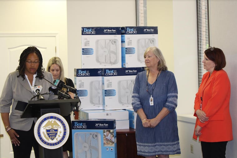 Monica Taylor, the chair of the Delaware County Council, unveils the county’s 2023 Heat Plan at a press conference June 21, where residents could also pick up free fans.