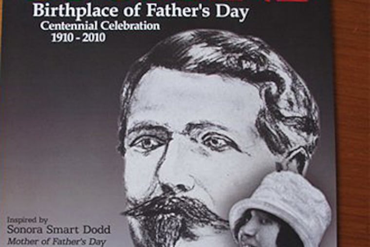A poster announcing the centennial celebration of Father's Day created by Spokane tourism officials portrays Sonora Smart Dodd, founder of Father's Day, and a drawing of her father, William Smart, in Spokane, Wash. (AP Photo/Nicholas K. Geranios).