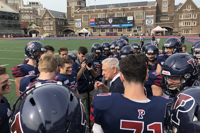 Penn sprint team coach Bill Wagner, at his last Franklin Field game after 50 years as head coach, addresses his team before Saturday's game.