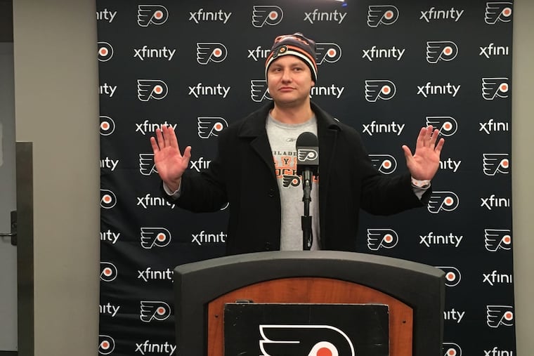 A photo of Collin, the Flyers fan who gave Sidney Crosby the side-eye during Game 3, at Xfinity Mobile Arena.