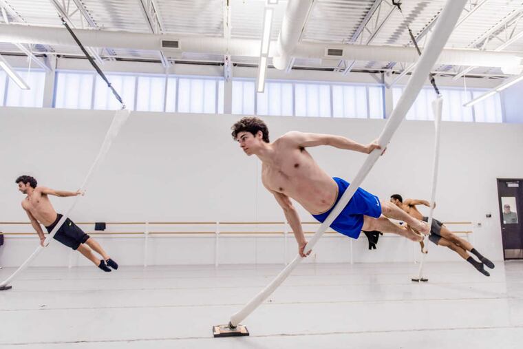 Pennsylvania Ballet Principal Dancers Arian Molina Soca, Sterling Baca, and Jermel Johnson in rehearsal for Brian Sanders’ world premiere