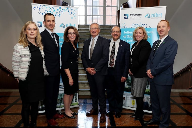 Jefferson Bioprocessing Institute was announced in February. From left: Alison Quinn and Killian O'Driscoll of NIBRT; Kathy Gallagher of Jefferson; Dominic Carolan of NIBRT; Ron Kander of Jefferson; Mary Lynne Bercik '90, of Jefferson Institute for Bioprocessing; and Michael Lohan of IDA Ireland.