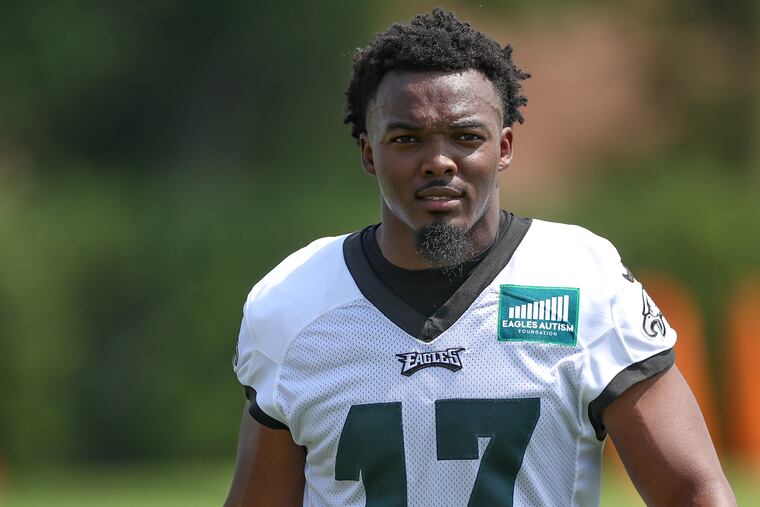 Eagles linebacker Nakobe Dean on the first day of training camp at the NovaCare Complex in Philadelphia on Wednesday, July 26, 2023.