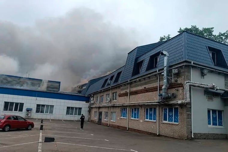 This photo provided by Moscow Region Governor Andrei Vorobyev's official telegram channel shows smoke rising from a damaged building after a Ukrainian drone attack outside Moscow on Thursday, June 18, 2026.