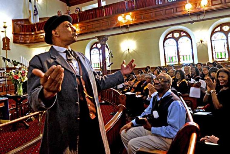 A multi-month celebration of 19th Century African-American civil rights pioneer Octavius V. Catto begins with spirituals, praise dancing and inspirational messages at Mother Bethel A.M.E. Church on Feb. 22, 2014. Here, Robert Branch (AKA Octavius Catto) greets the congregation. ( APRIL SAUL / Staff )