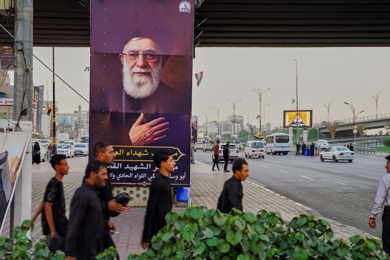 Posters of Khamenei are displayed along the main streets ahead of the funeral ceremony for Iran's former leader Ali Khamenei, who was killed in the U.S.-Israeli attacks in Najaf, Iraq, Tuesday, July 7, 2026.