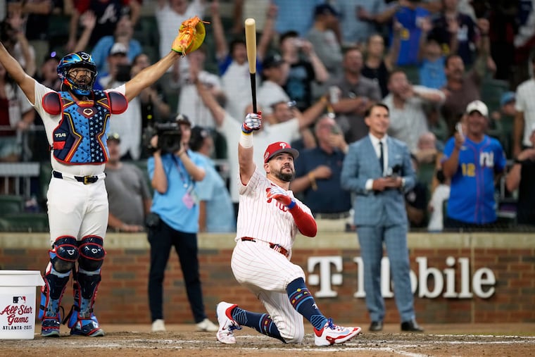 Kyle Schwarber celebrates after winning the tiebreaker at the MLB All-Star Game in Atlanta in 2025. Baseball's All-Star Game will be played at Citizens Bank Park in Philadelphia in July 2026.