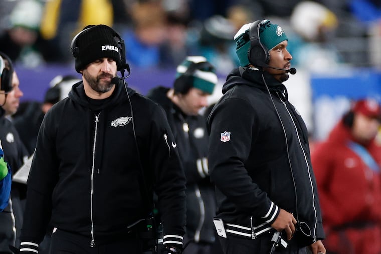 Eagles coach Nick Sirianni (left) and offensive coordinator Brian Johnson during the loss to the New York Giants on Sunday.