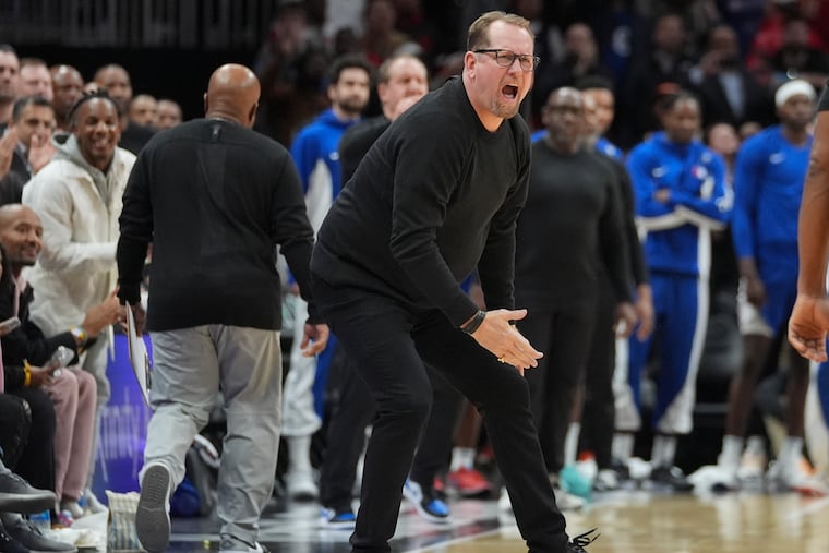76ers head coach Nick Nurse reacts after a foul during the second half against the Atlanta Hawks on Jan. 10.