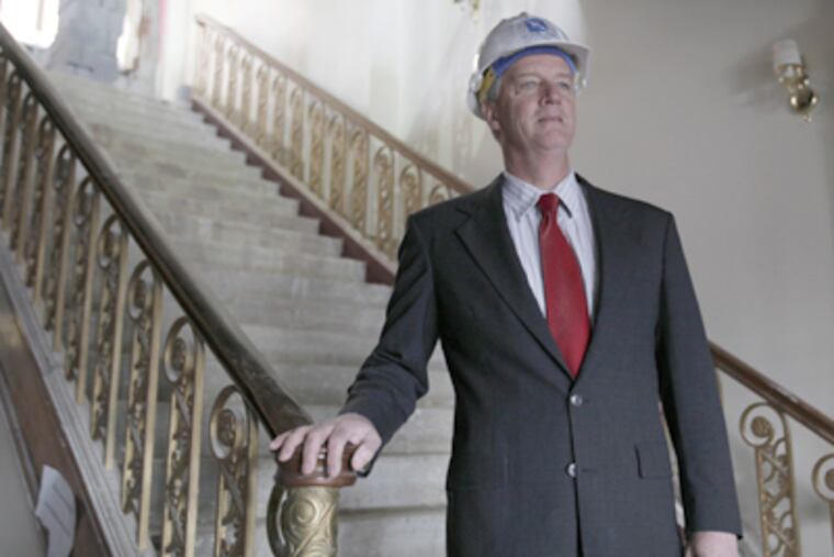 Developer Brian McFadden, on the original staircase of the 1930s Warner Theater, now being converted into an 80-room boutique hotel.
The lure, he says, will be West Chester itself. (Michael S. Wirtz / Staff Photographer)