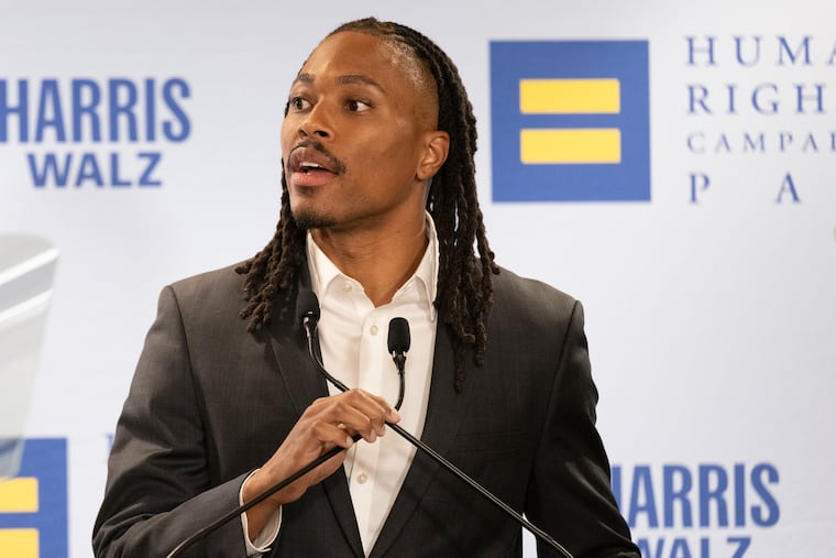 State Rep. Malcolm Kenyatta (D., Philadelphia) speaks in October at a Harris-Walz campaign event. Kenyatta is running for vice chair of the Democratic National Committee.