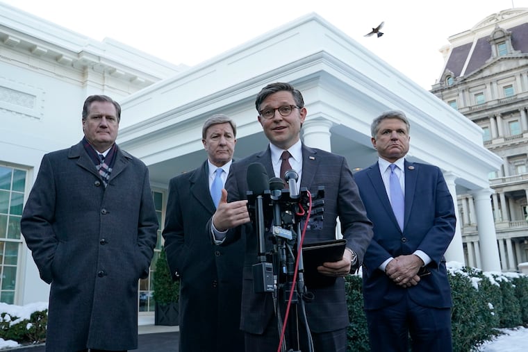 Dysfunction in Washington, led by House Speaker Mike Johnson (center), has left many U.S. allies wondering how to cope with a global superpower that is self-destructing, writes Trudy Rubin.
