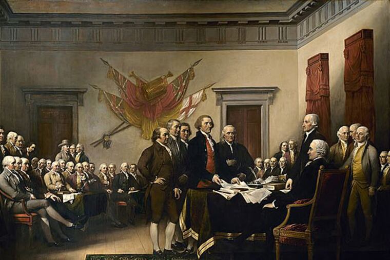 John Trumbull's famous painting is often identified as a depiction of the signing of the Declaration, but it actually shows the drafting committee presenting its work to the Congress. (Wikipedia)
