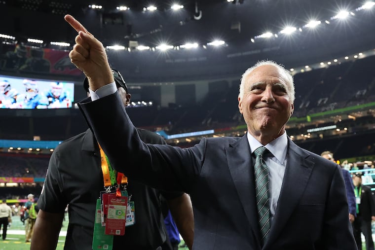 Philadelphia Eagles owner Jeffrey Lurie acknowledges the fans as he walks off the field after the Eagles defeat the Kansas City Chiefs in the NFL Super Bowl LIX game Sunday, Feb. 9, 2025, in New Orleans.