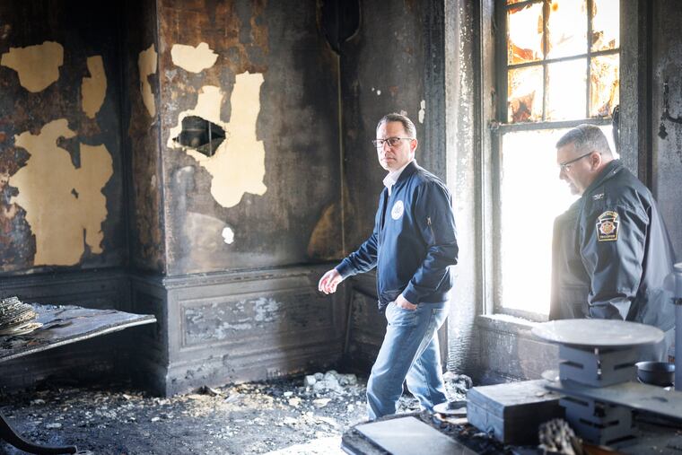 Gov. Josh Shapiro tours the governor’s residence after an April 2025 arson attack.