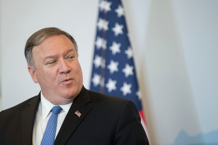 U.S. Secretary of State Mike Pompeo attends a press conference with Swiss foreign minister Ignazio Cassis at the CastelGrande as part of Pompeo's visit in Bellinzona, Switzerland, Sunday, 2 June 2019. (Samuel Golay/Keystone via AP)