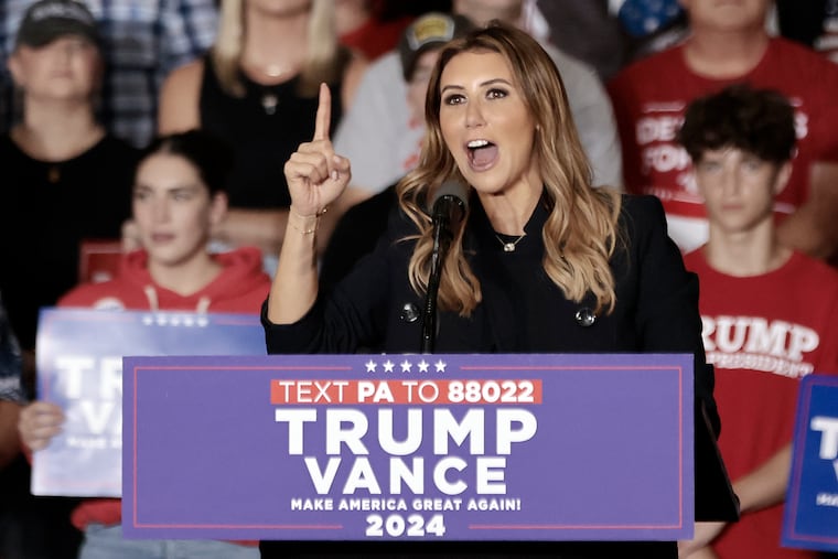 Alina Habba speaks at a rally for JD Vance at the Newtown Athletic Club in Newtown, Pa., on Sept. 28, 2024.