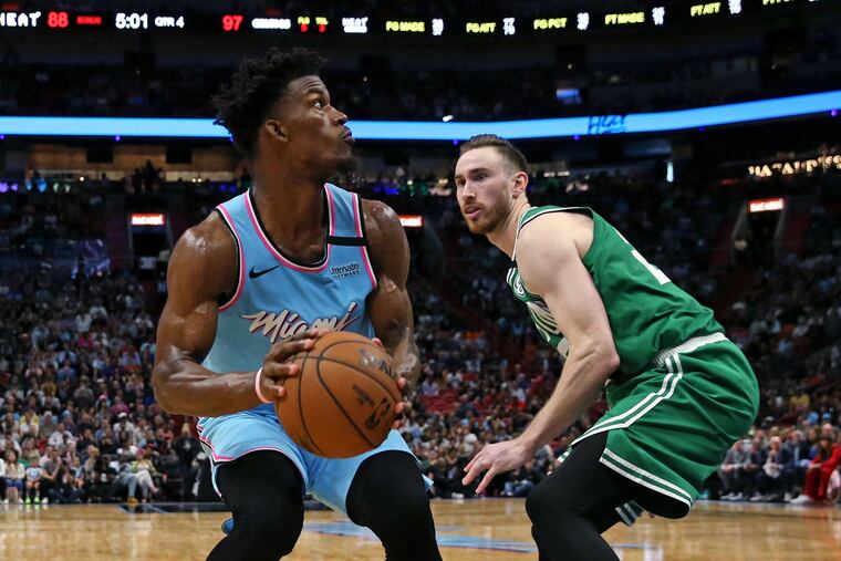 Miami Heat forward Jimmy Butler, driving against Boston Celtics forward Gordon Hayward (20), was voted an Eastern Conference All-Star reserve.