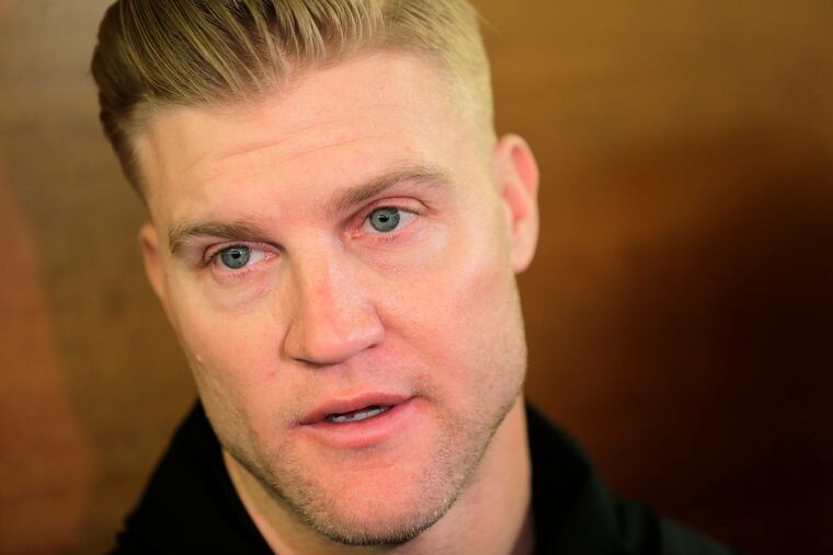 FILE - In this Dec. 31, 2018, file photo, New York Jets quarterback Josh McCown talks to reporters in the locker room in Florham Park, N.J. McCown's retirement lasted two months. The Philadelphia Eagles signed the 40-year-old quarterback to a one-year deal on Saturday, Aug. 17, 2019, a person familiar with the deal told The Associated Press. He is coming out of retirement to join his 11th team and play his 17th season.