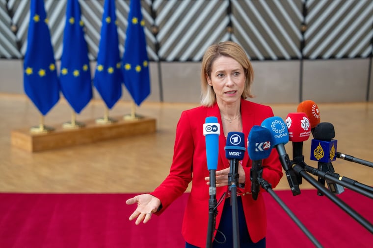 European Union foreign policy chief Kaja Kallas speaks with the media as she arrives for a meeting of EU foreign ministers at the European Council building in Brussels, Monday, May 11, 2026.