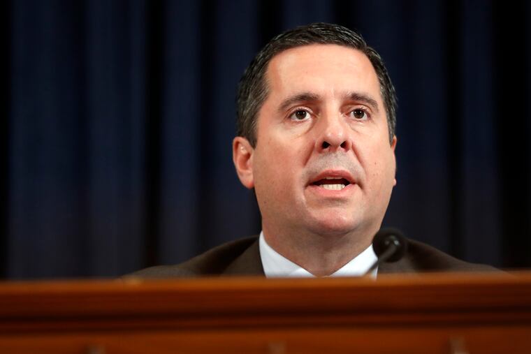 Ranking member Rep. Devin Nunes of Calif., gives his opening statement as Jennifer Williams, an aide to Vice President Mike Pence, and National Security Council aide Lt. Col. Alexander Vindman, testify before the House Intelligence Committee on Capitol Hill in Washington, Tuesday, Nov. 19, 2019, during a public impeachment hearing of President Donald Trump's efforts to tie U.S. aid for Ukraine to investigations of his political opponents.